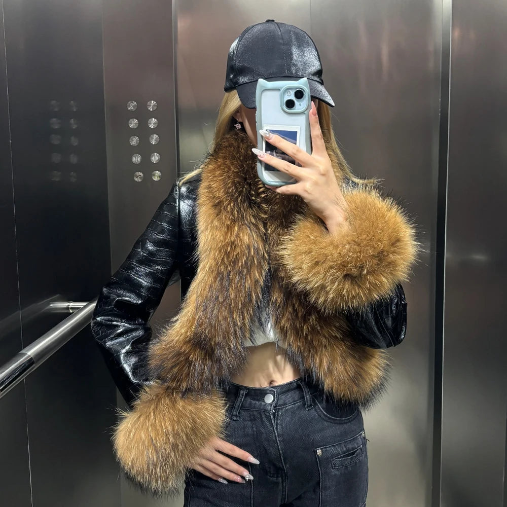 Natural Raccoon Fur Collar Real Leather Jacket Women 2025 Autumn Black Crocodile Textured Leather Jacket Ladies Streetwear