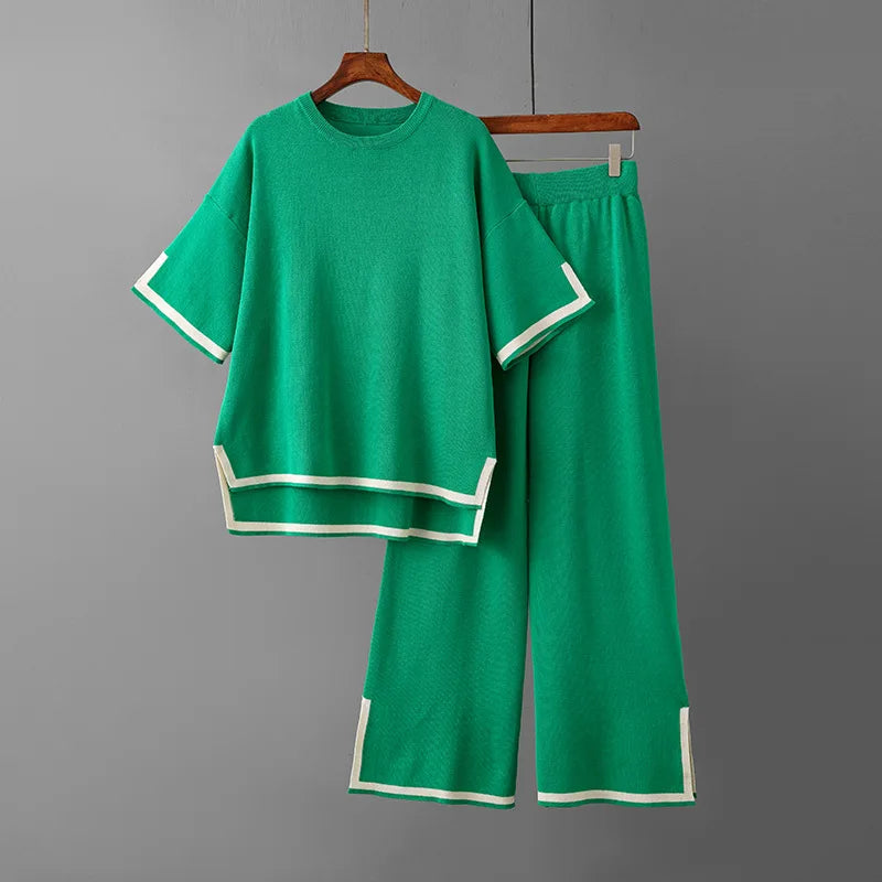 Pants Set Women Two Piece Sets Short Sleeve Spring Knit Tops Loose Casual Wide Leg Long Pants High Waist Y2k Streetwear Spring