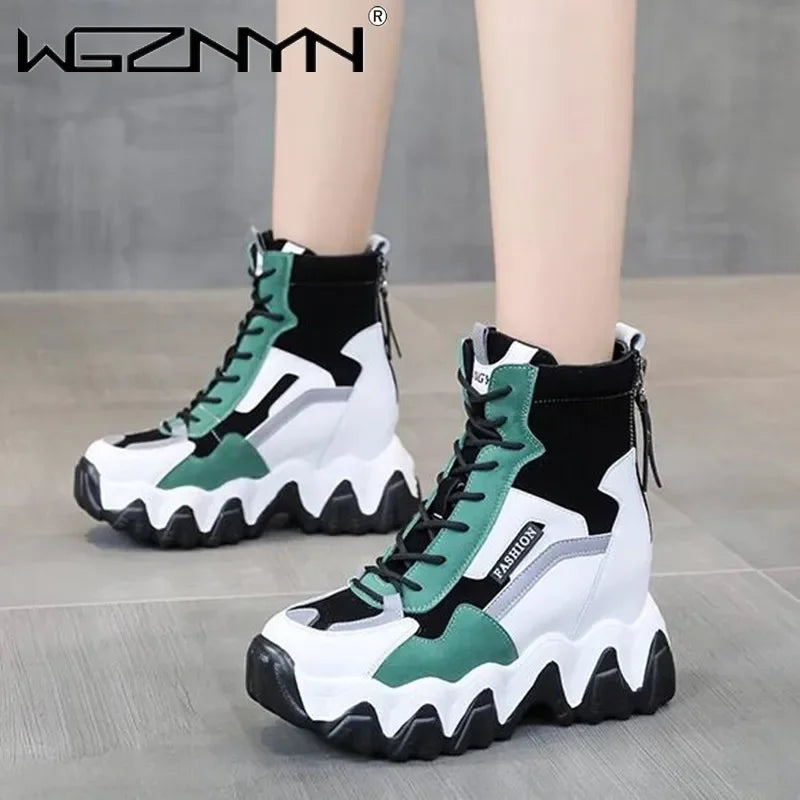 2024 Women Thick Sole Ankle Boots Autumn Luxury Platform Casual Boots Women's 8cm High Heels Wedge Boots Shoes Woman Sneakers