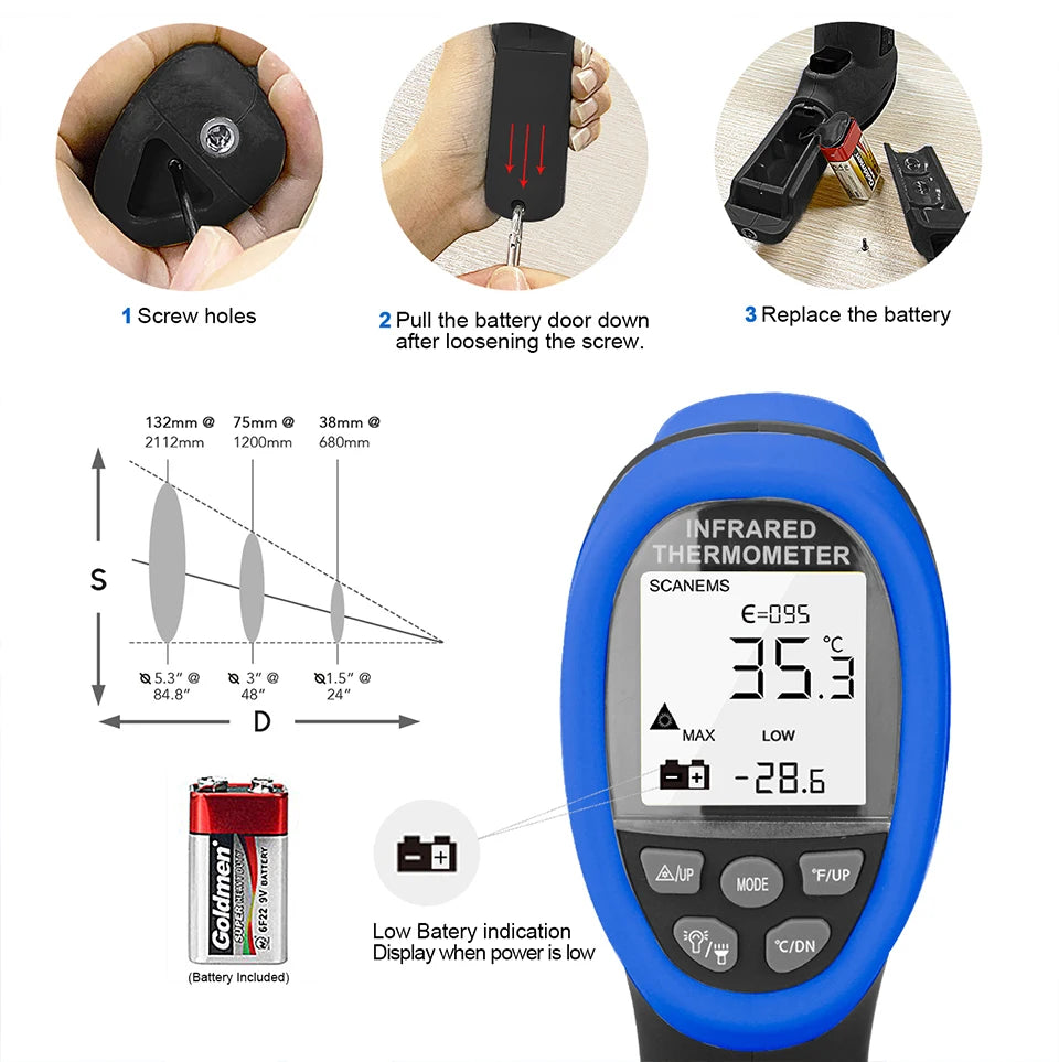 Infrared Thermometer Non-Contact Digital Laser Temperature Gun with -50°C~800°C, Adjustable Emissivity for Cooking/BBQ/Freezer