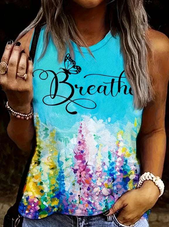 Women's Summer Elegant Floral Print Round Neck Tank Top Suitable for Daily Work, Casual Vacation