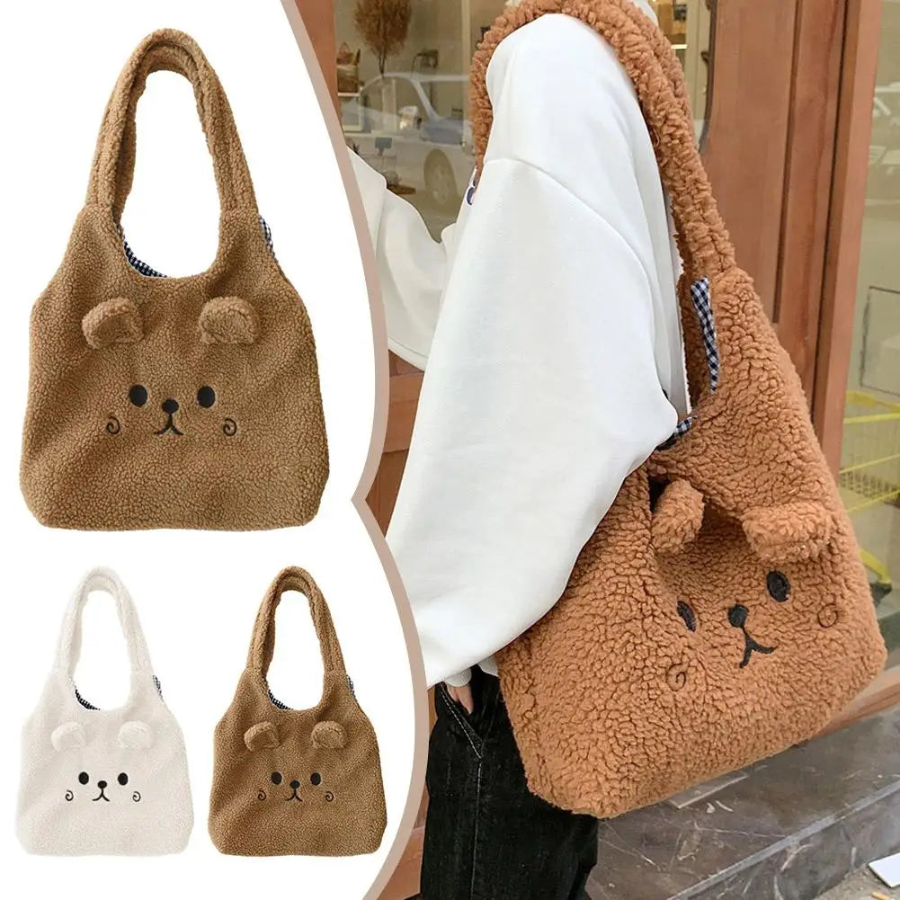 School Bag Cartoon Embroidery New Winter Soft Plush Tote Bag Shopper Bag Shoulder Bag For Women Cute N8Y7
