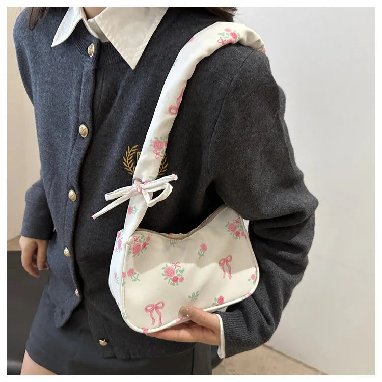Women's Bags New Sweet Print Canvas Handbags Korean Floral Bow Printed Zipper Tote Bag Female Small Shoulder Bag