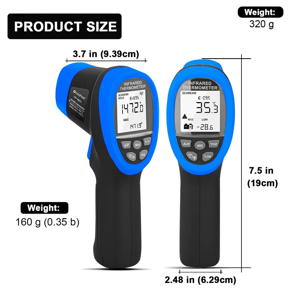 Infrared Thermometer Non-Contact Digital Laser Temperature Gun with -50°C~800°C, Adjustable Emissivity for Cooking/BBQ/Freezer
