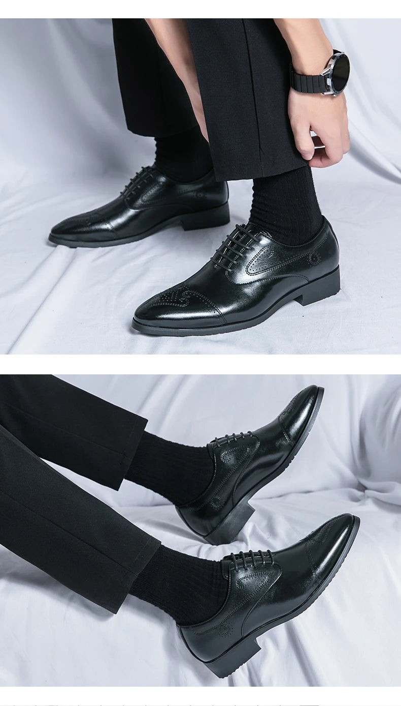 Formal Brogues Shoes Men Classic Social Casual Business Shoes Man Wedding Men's Dress Shoes Party Pointy Toe Leather Shoes Male
