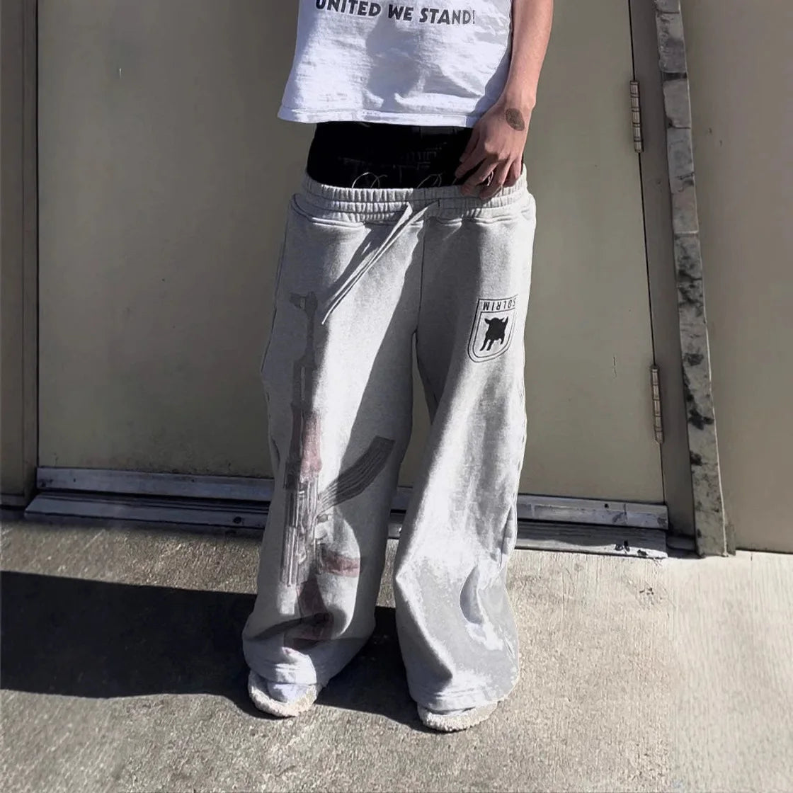 Grey pair of trousers sweatpants men and women gothic hip-hop embroidered embroidered pants casual elastic waist jogging pants