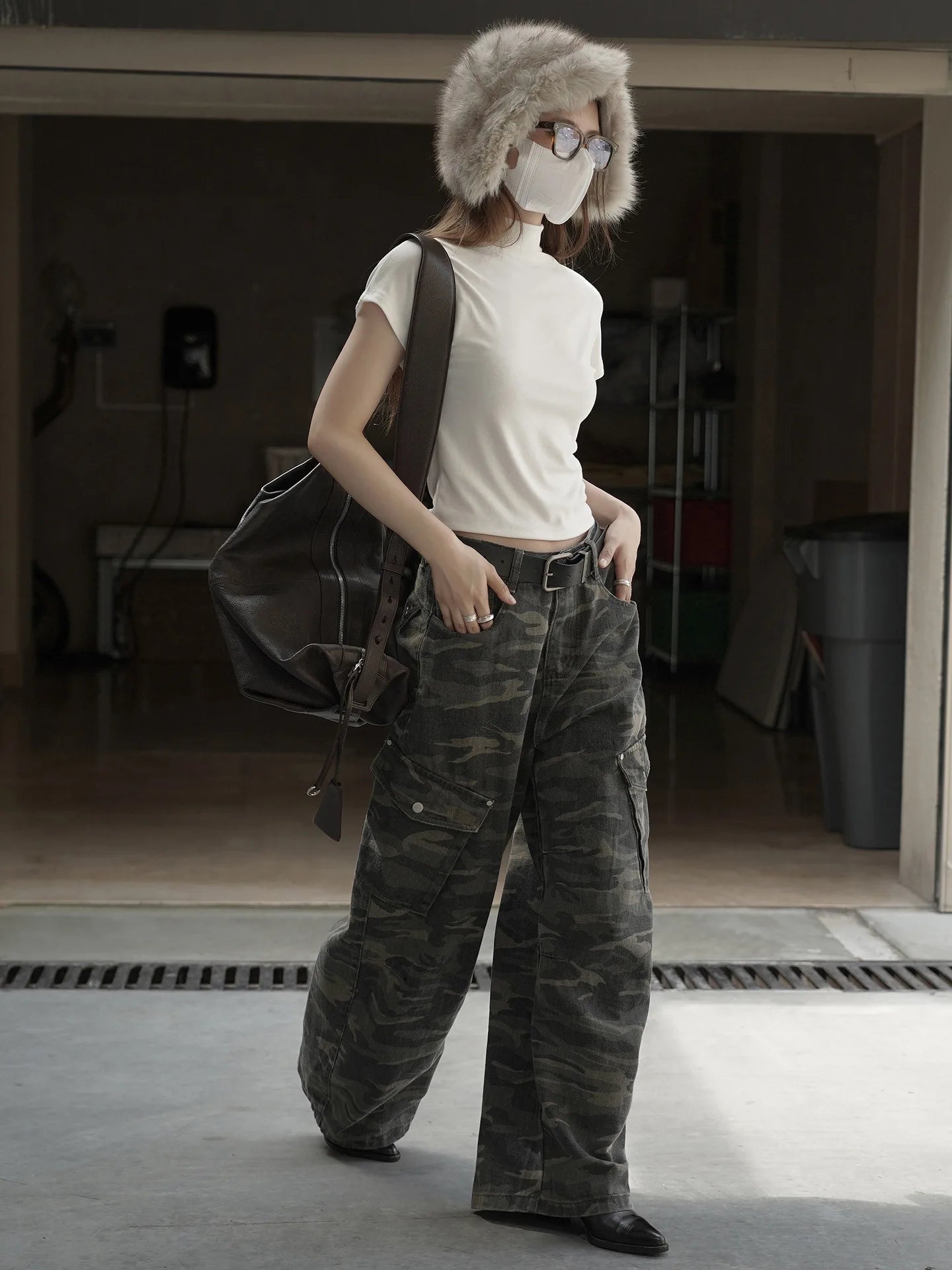 Retro and trendy waistband, workwear, large pocket, casual pants, three-dimensional and stylish pants for women