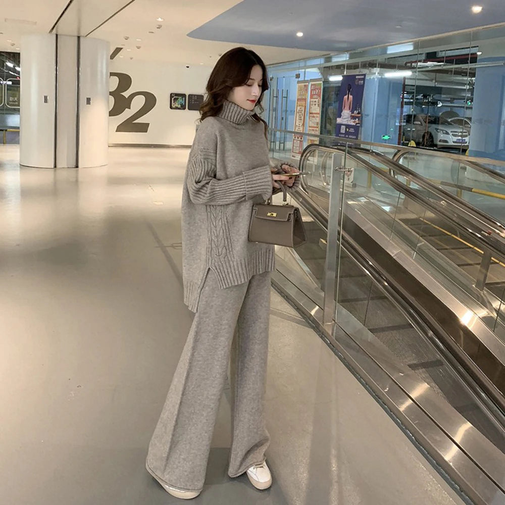 Wool 2023 Autumn and Winter New Loose Turtleneck Sweater Suit Female Western Style Fashion Wide Leg Pants Two-Piece Set Female