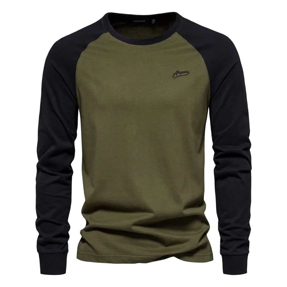 New 100% Cotton Men T-shirts Long Sleeve Splicing Tops Spring Autumn Casual Streetwear O-neck Slim Tees Men's Bottom T-shirt