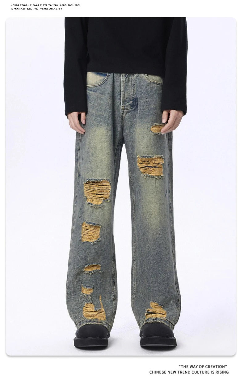 2025 Stylish Minimalistic Washed Ripped Denim Pants for Men Retro High Street Loose Wide Leg Pants for Spring and Autumn