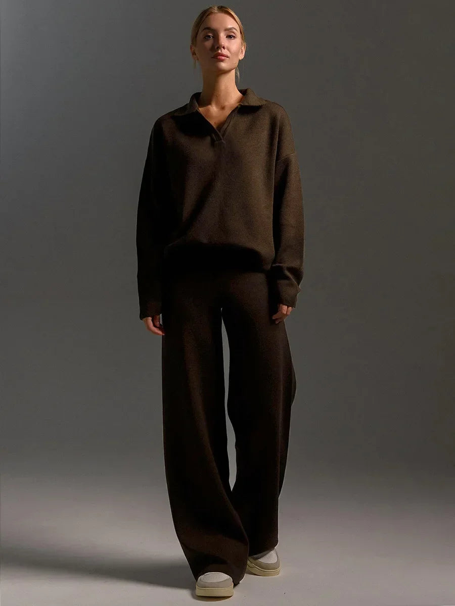 Sumuyoo Winter Thick Women Knitted Suits Cashmere Soft 2 Pieces Sets Female Polo Neck Sweater & Wide Leg Pants Knitted Outfit