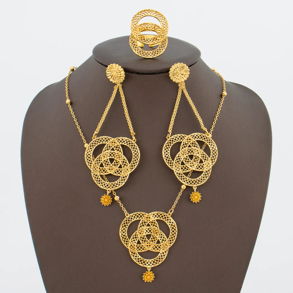 African Jewelry Set for Women Gold Plated Earrings and Pendant Necklace Wedding Party Jewellery Tassel Earrings and Necklace Set