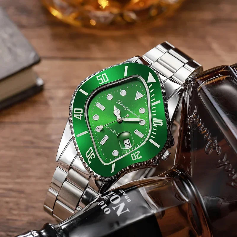 2026 New Watch for Men Unusual Conceptual Reloj Crash Melting Twist Shaped Case Quartz Wristwatch Male Man Rhombic Green Clock