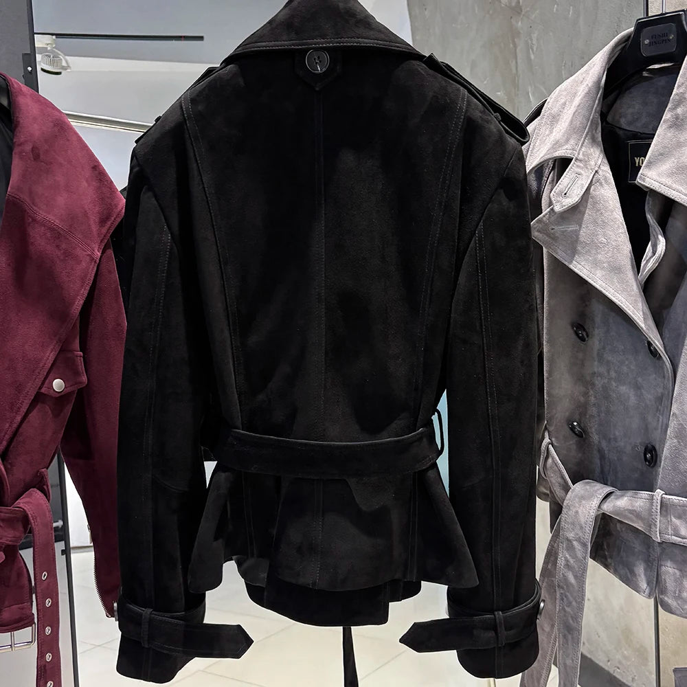 YOLOAgain Black Real Leather Jacket Women Genuine Leather Coat With Belt