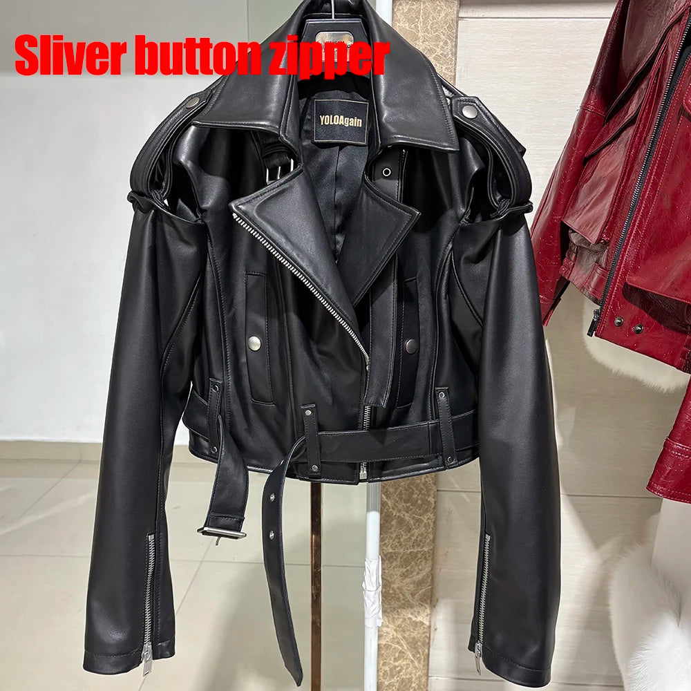 YOLOAgain Real Leather Jacket Women Cropped Jacket Spring 2025