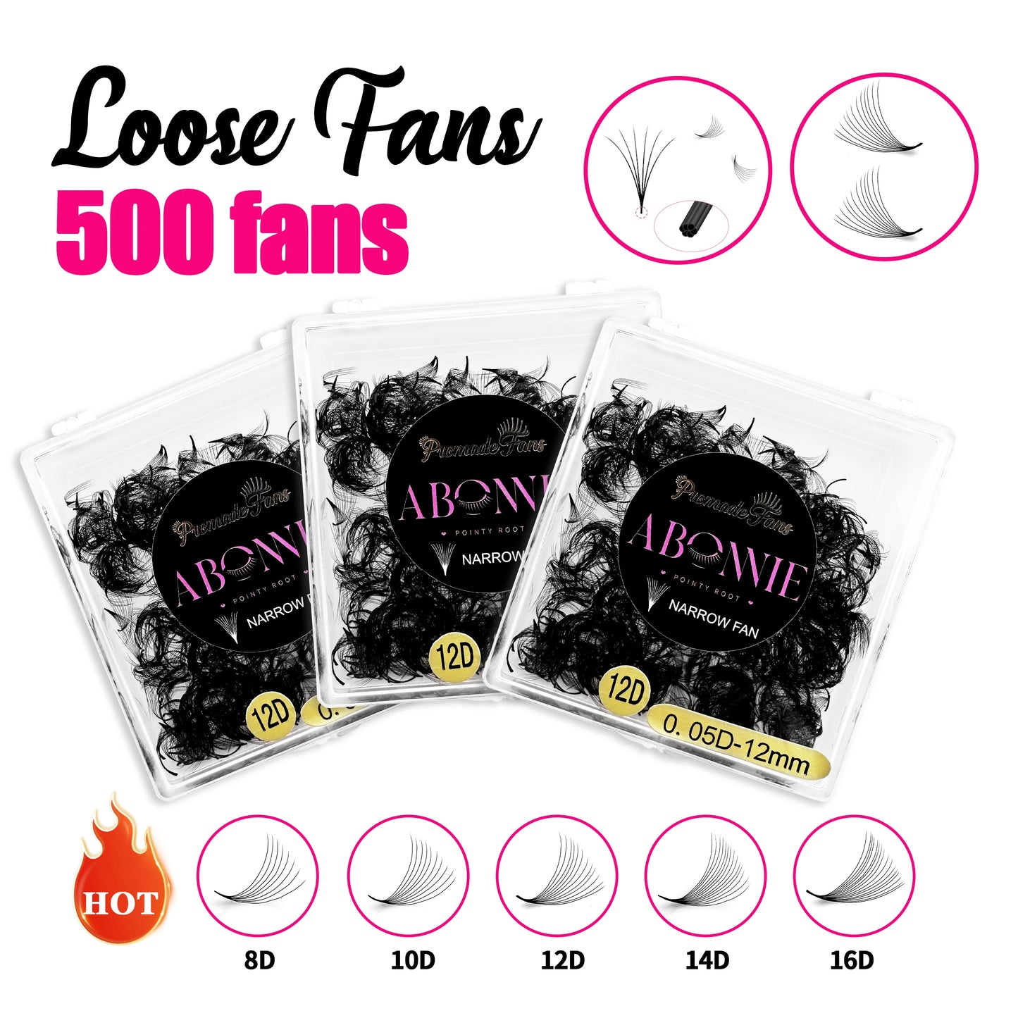 ABONNIE 500 Fans Loose Narrow Fan Lashes 8D-20D 8-15mm Pointy Base Premade Medium Stem Sharp Thin Russian Volume Eyelash