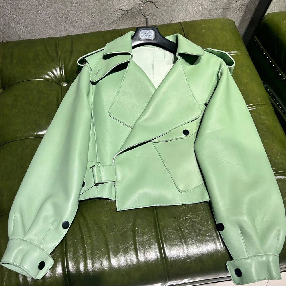 Woman Oversized Blue Leather Jacket Real Sheepskin Leather Coat 2025 New Arrival Jackets