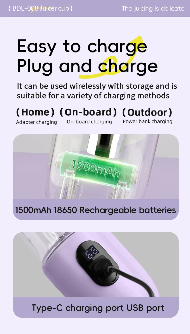Portable Blender USB Rechargeable Cordless Mini Juicer Mixer for Smoothie Shake Protein Travel Sports Bottle Juicer Cup