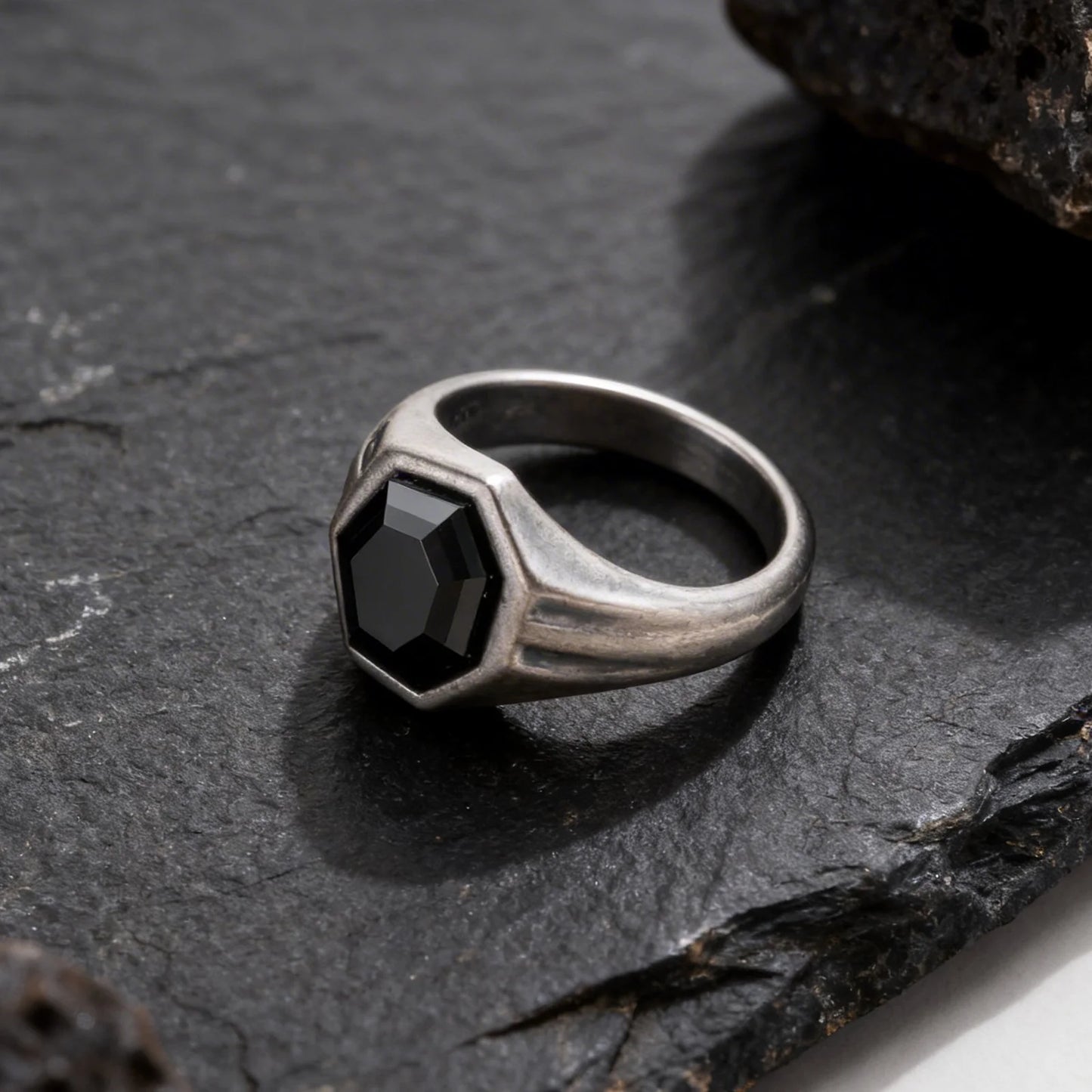 Hexagon Black Zircon Ring for Men, Stainless Steel Antique Silver Color Geometric Band,Punk Statement Jewelry Gift