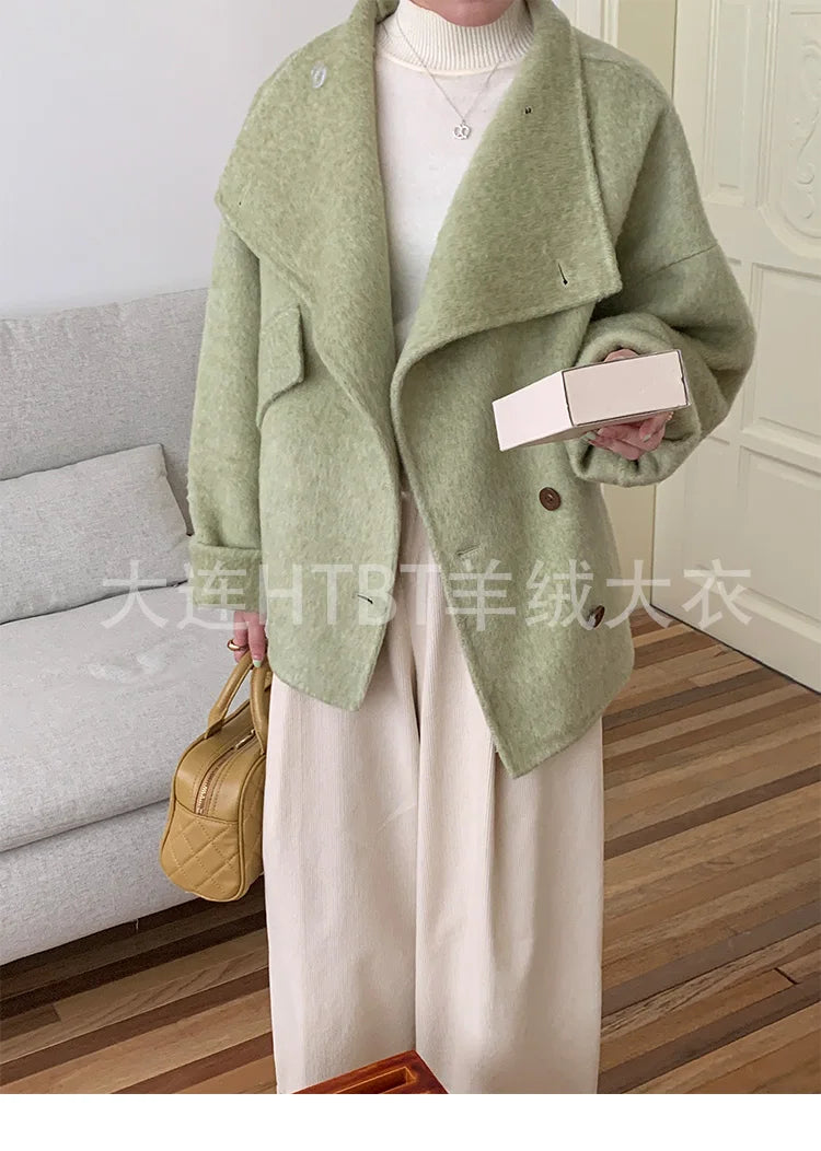New Winter Short Woolen Coat Fashion Causal Warm Mulberry Silk Lapel Double-sided Wool Coat Loose Suit Jacket Female Tide Autumn