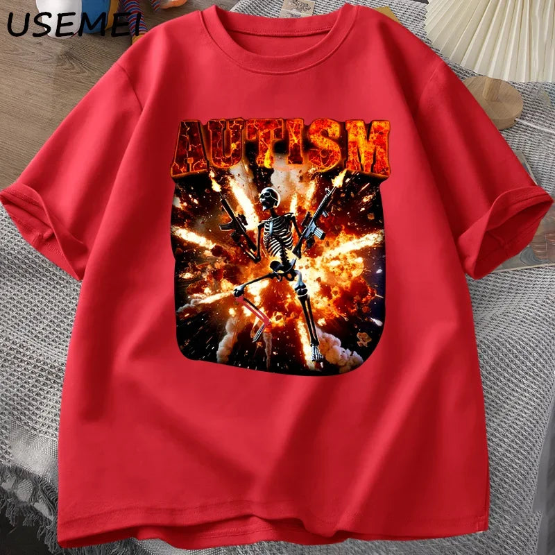 Autistic Funny Skeleton T Shirt Women Men Autism Edgy Skeleton Meme T-shirt Casual Cotton Short Sleeve Tshirt Round Neck Clothes