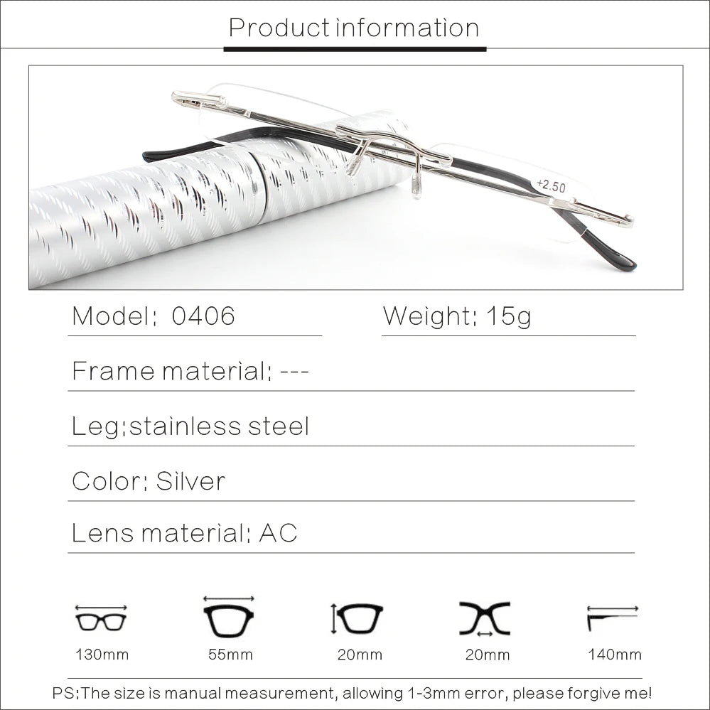 Premium Frameless Reading Glasses for Travel Spiral Metallic Tube Case Spring Hinges Lightweight for Men & Women