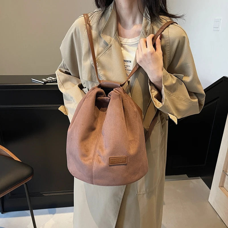 2024 Latest Women Fashion Backpacks Drawstring Bucket Shoulder Bags Soft Suede Large Capacity Rucksack For Travelling Shopping