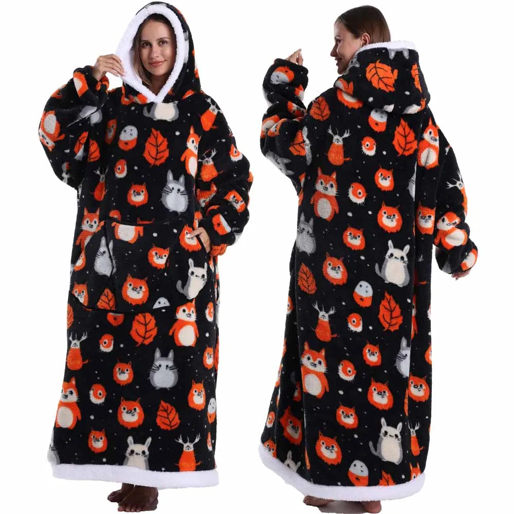 Extra Long Women Halloween Blankets with Sleeves Winter Plush Fleece Homewear Christmas Pajamas Adult Warm Oversized Hoodies