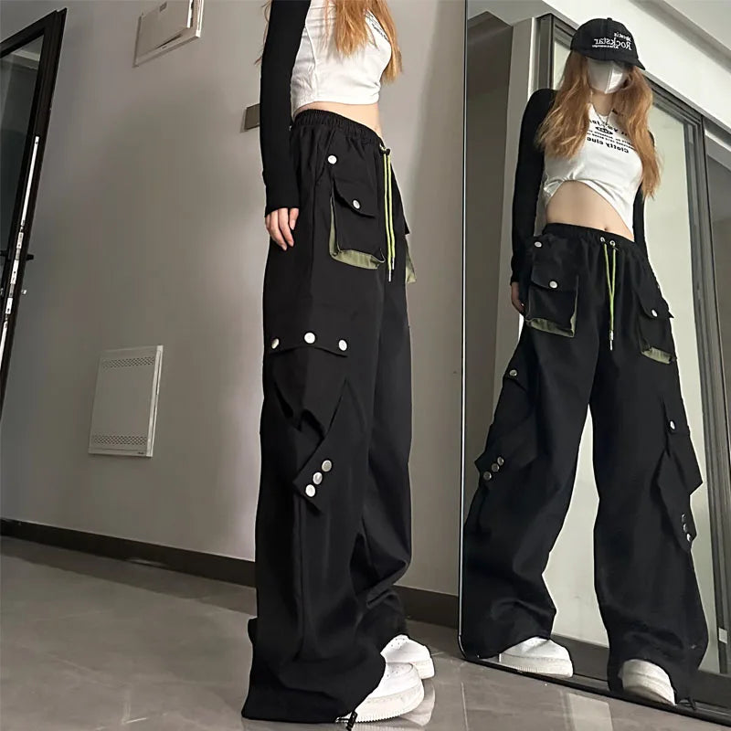 American High Street Workwear Casual Pants Women Loose Color Block Straight Leg Long Pants Pocket High Waist Wide Leg Trousers