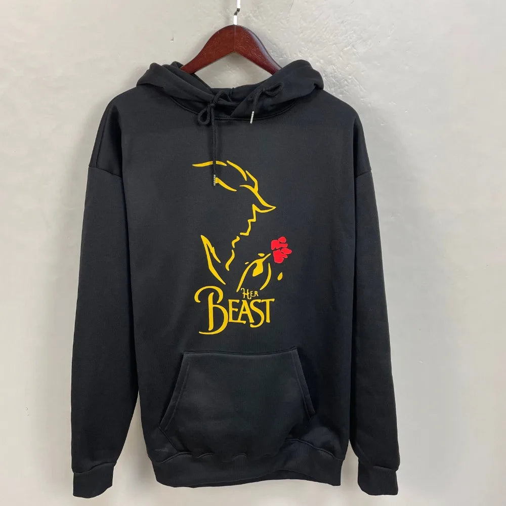 I'm Her Beast I'm His Beauty Print Sweatshirts Couple Matching Hoodies Men Women Long Sleeve Hooded Luminous Lover Hoodie