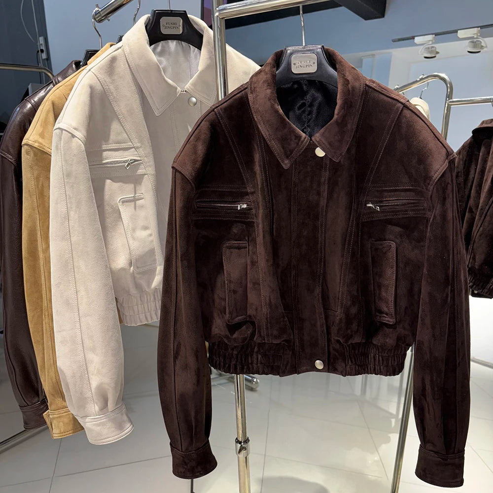 YOLOAgain 2025 Autumn Oversized Suede Jacket Women Real Leather Bomber Jacket Female