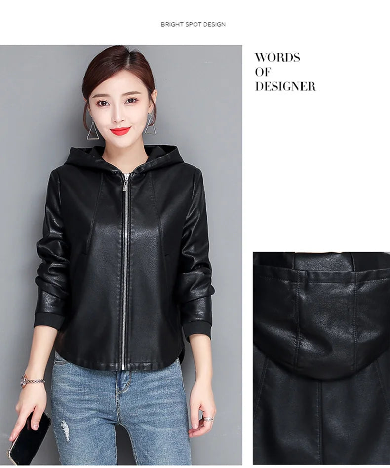 New Women Casual Leather Jacket Spring Autumn Fashion Hooded Zipper Split Leather Loose Outerwear Short Sheepskin Tops Coat
