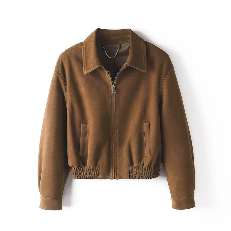 New Goatskin Suede Jacket Autumn Women Coffee Vintage Fashion Maillard Old Money Style Lapel Slim Short Genuine Leather Coat
