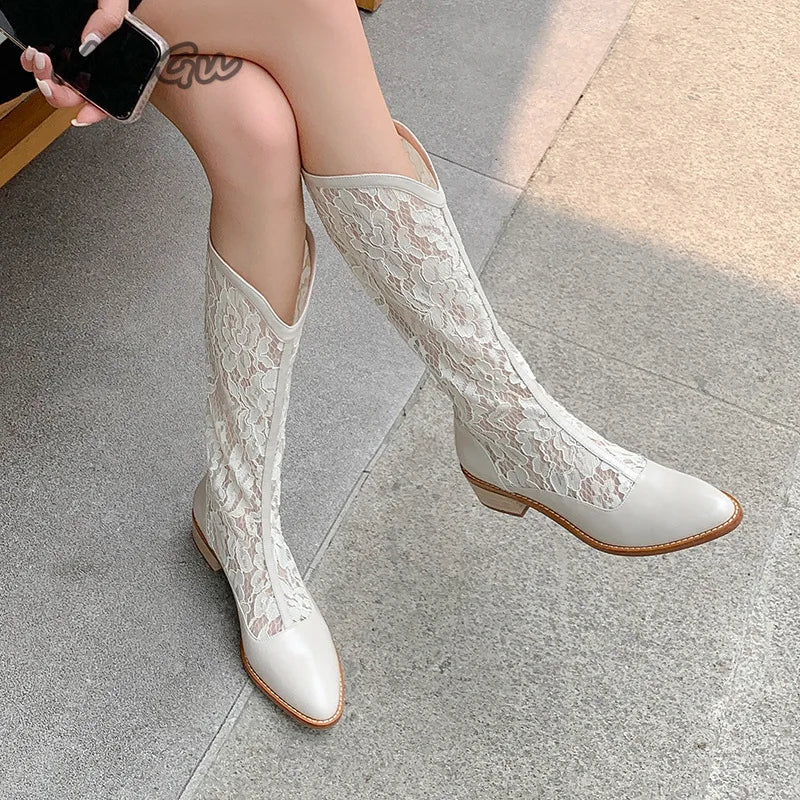 Woman Fashion Lace Flower Boots Thick Heel Pointed Toe Mid-calf Boots Female Footwear Summer Size 41 Breathable Botas De Mujer