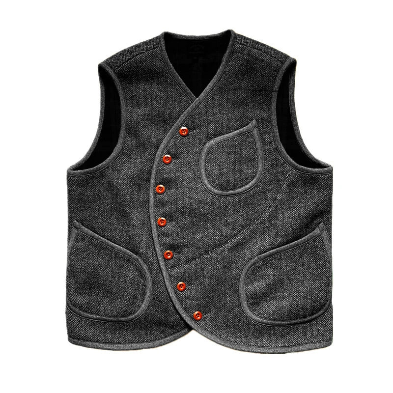 Men's Suit Vest Herringbone Wool Crew Neck Sleeveless Jacket Male Steampunk Waistcoat Vintage