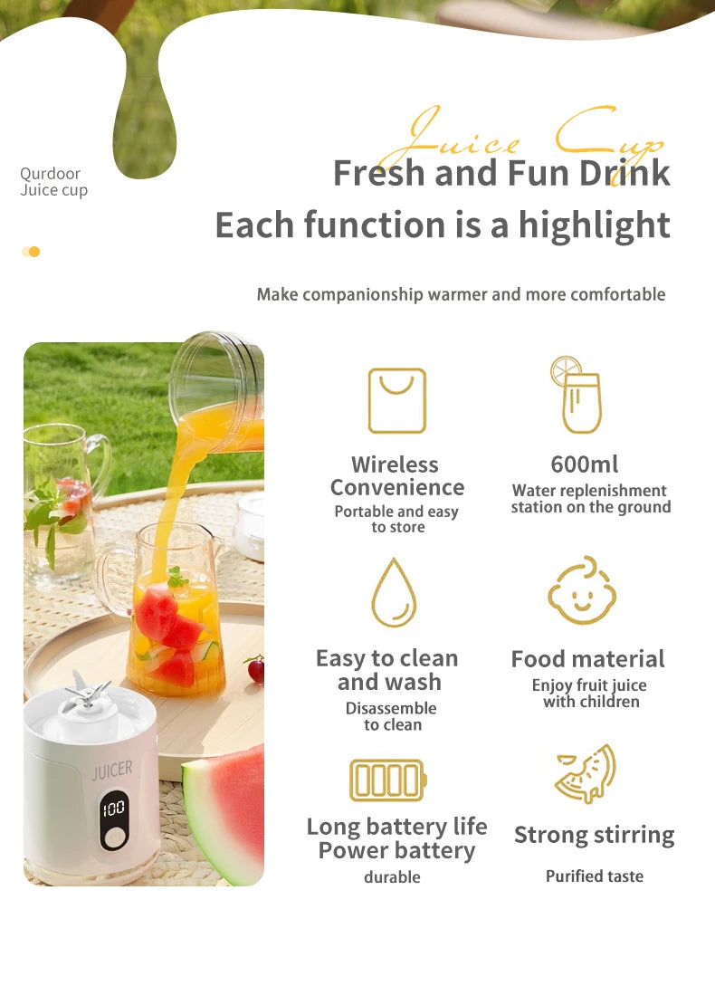 12Blades Portable Blender 2Cups for Travel Portable Electric Juicer Mixer Usb Charge Fresh Fruit Juice Personal Blender Smoothie
