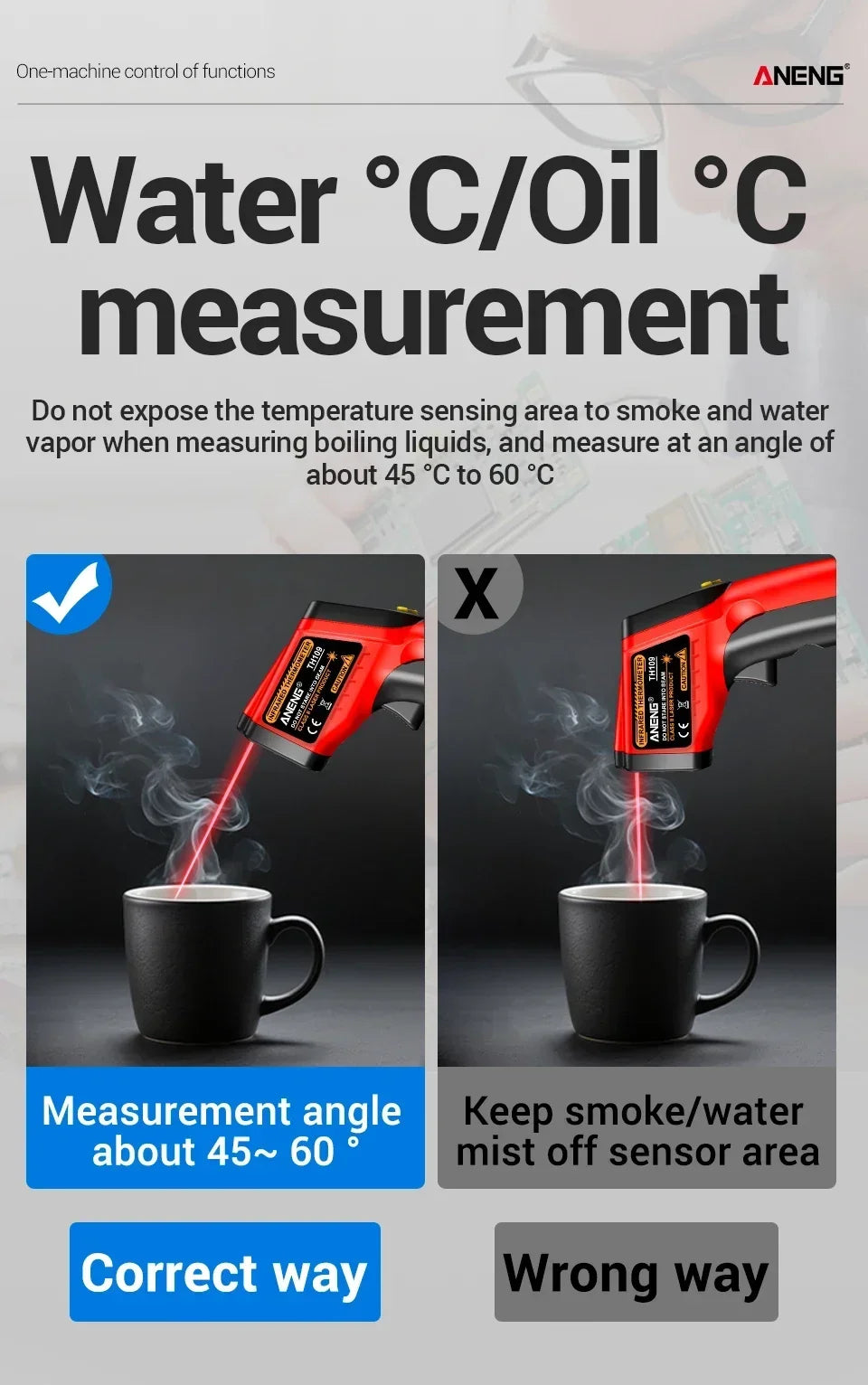 ANENG TH109 Red Laser Thermometer Object Distance Ratio12:1 Non-contact  Temperature Meter -50~400℃  Pyrometer Tester Hygrometer