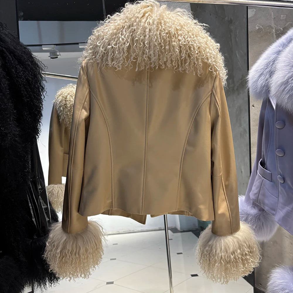 YOLOAgain Women's Mongolia Sheep Fur Collar Real Leather Jacket Single Breasted