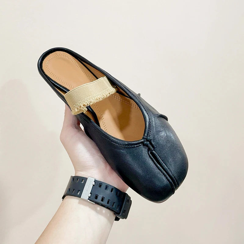 Womens Genuine Leather Ballet Flats Black Sheepskin Pleated Tibi SplitToe Shoes Fashion Mules Designer Footwear