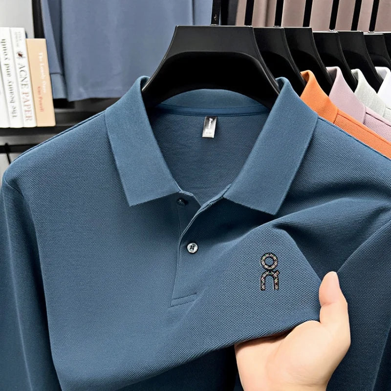 100% pure cotton polo shirt long sleeved men's brand fashionable embossed T-shirt sports breathable spring autumn casual new top