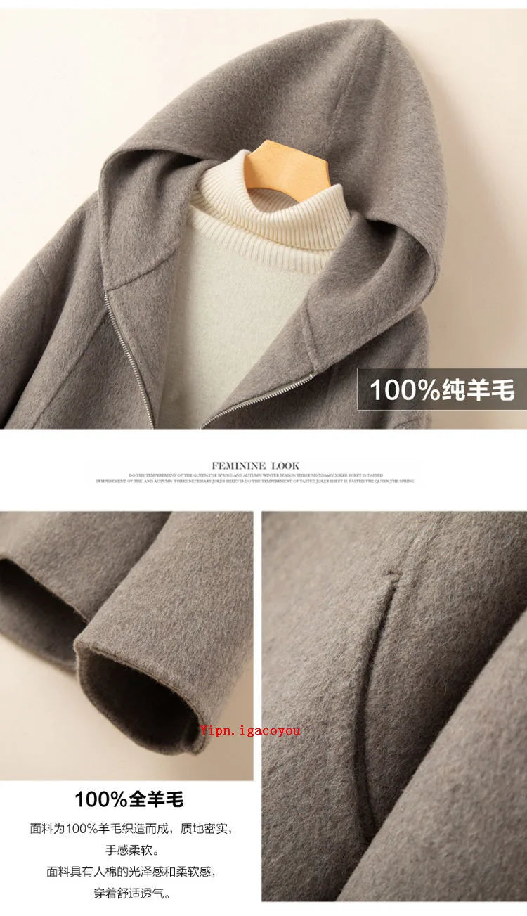 Elegant Woolen Coat Woman 2025 Winter New Fashion Pink Hooded Short Zipper Double-Sided Wool Jacket Ladies Slim Outerwear B810