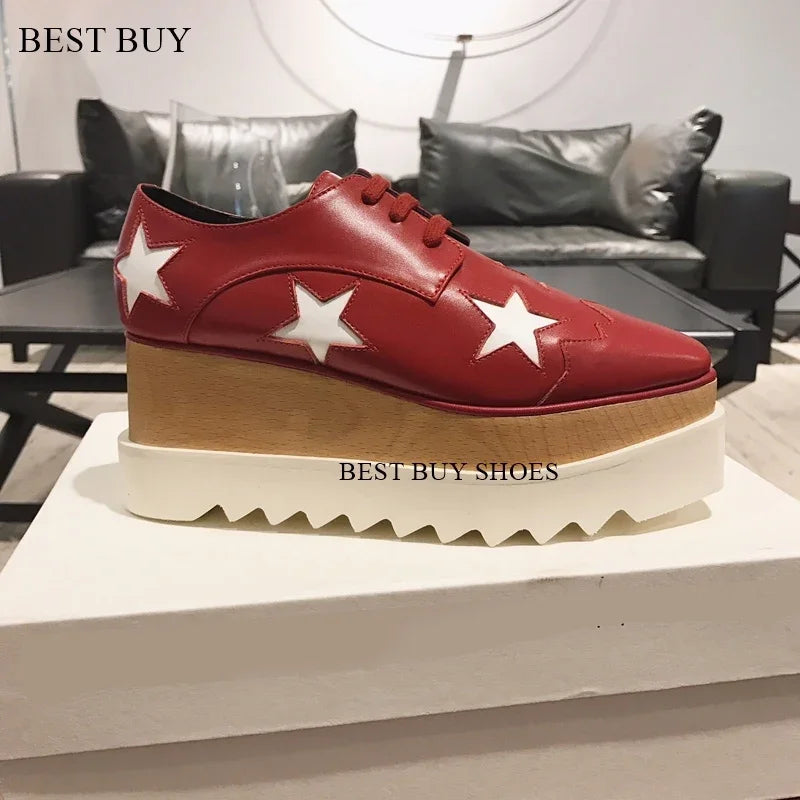 Women Fashion patent Stars high Loafers Shoes Lady Square Toe lace-up Thick Bottom Platform Wedge Shoes For Women sneakers
