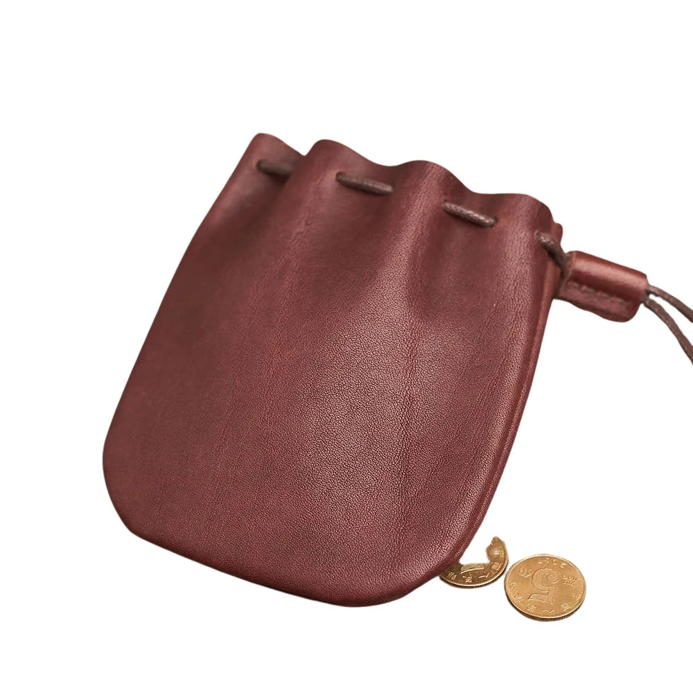 Genuine Leather Coin Purse Men Women Vintage Small Coin Wallet Hard Leather Money Pocket Drawstring Storage Bag