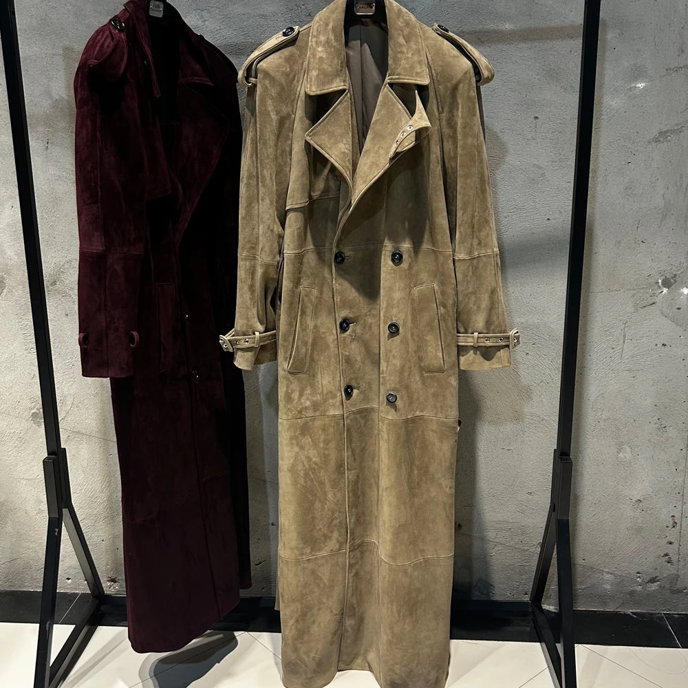 Suede Burgundy Long Coat Double Breasted Windbreak Length 150cm Women's Real Suede Coat