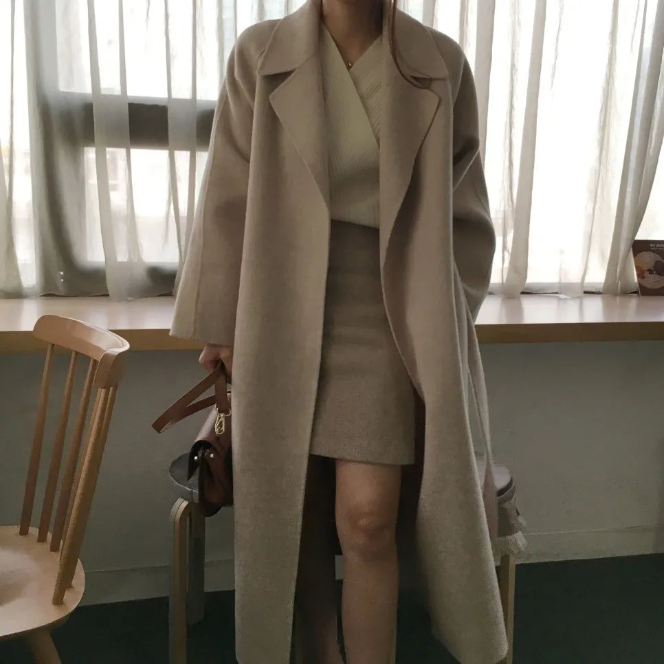 Elegant Woolen Coat Women's 2025 Autumn Winter Mid Length Adjustable Waist Thick Casual Long Sleeve Fashion Wool Coats Female