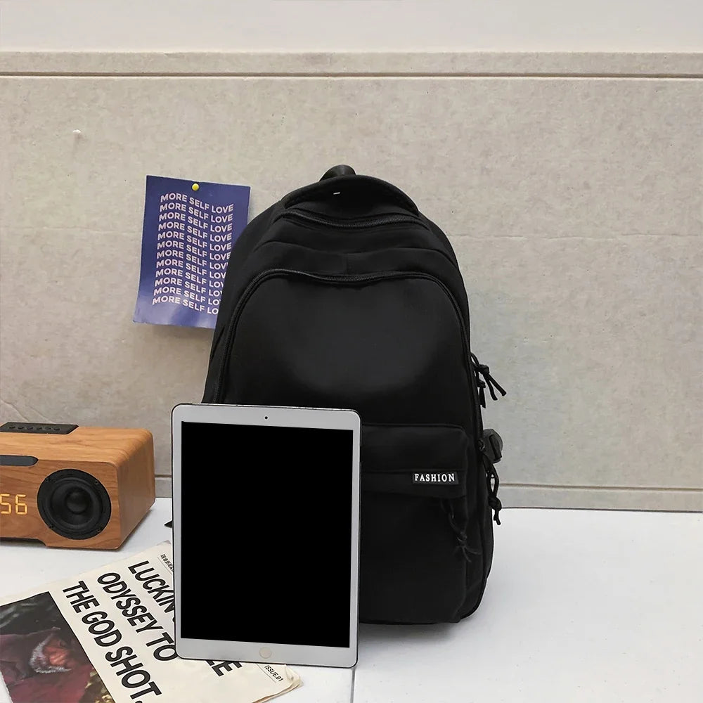 Large Capacity Solid Color Backpack, Simple Black Bag for Students & Travel