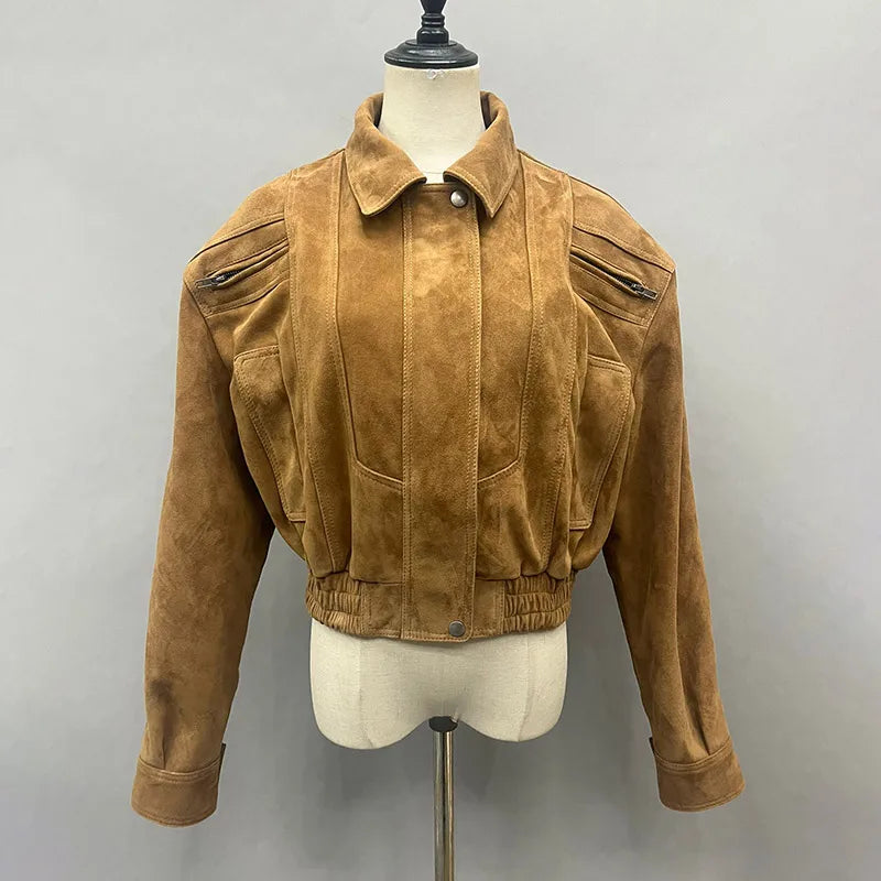 2025A Lady's Fashion Real Suede Jacket Genuine Goatskin Suede Bomber Jacket Oversize Leather Coat Women's Suit