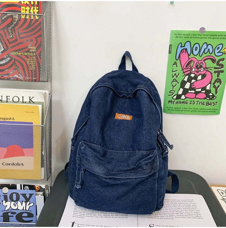 100% Cotton School Bags Solid Black Canvas Casual Backpacks Unisex Large Capacity Denim Satchels Soft Cloth Travel Packages