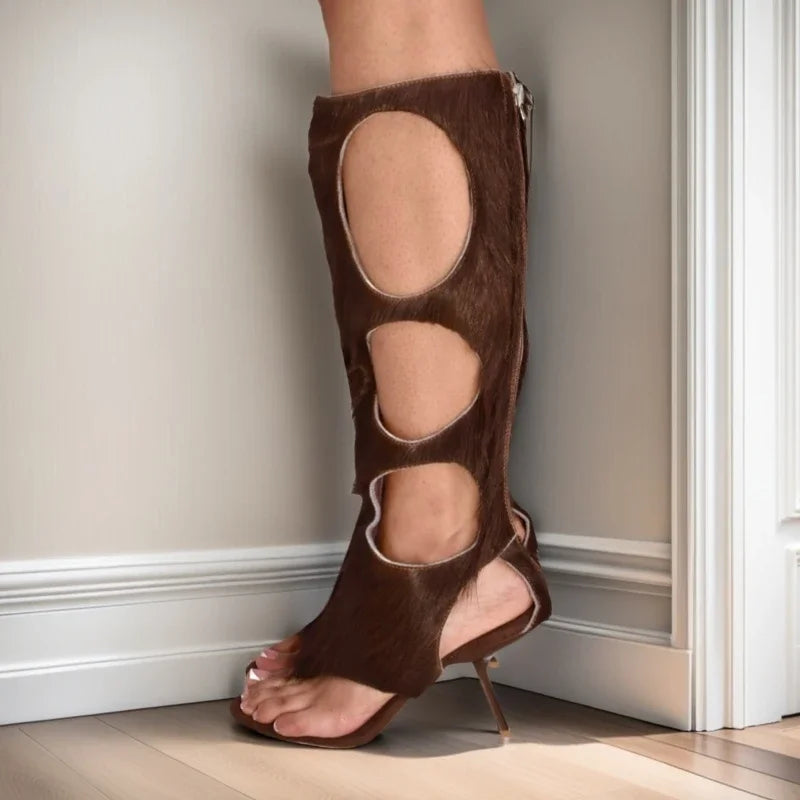 2025 New Luxury Women's Knee-High Boots | Real Horsehair Cut-Out Stiletto Heel & Rear Zipper | Evening Party Club Dress Shoes