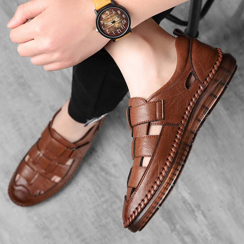 Genuine Leather 2024 Summer Special Offer Men's Business Casual Hollow Work with Holes Leather Sandals Men's Work Hole Sandals